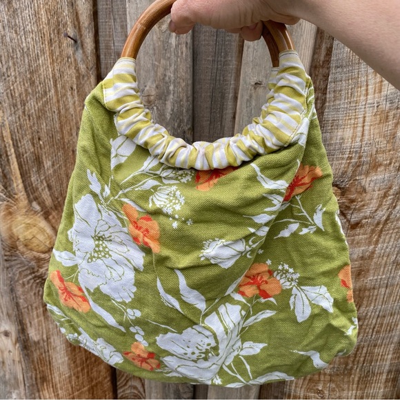 Green and orange floral canvas purse with circular bamboo handle, reversible! - Picture 9 of 14